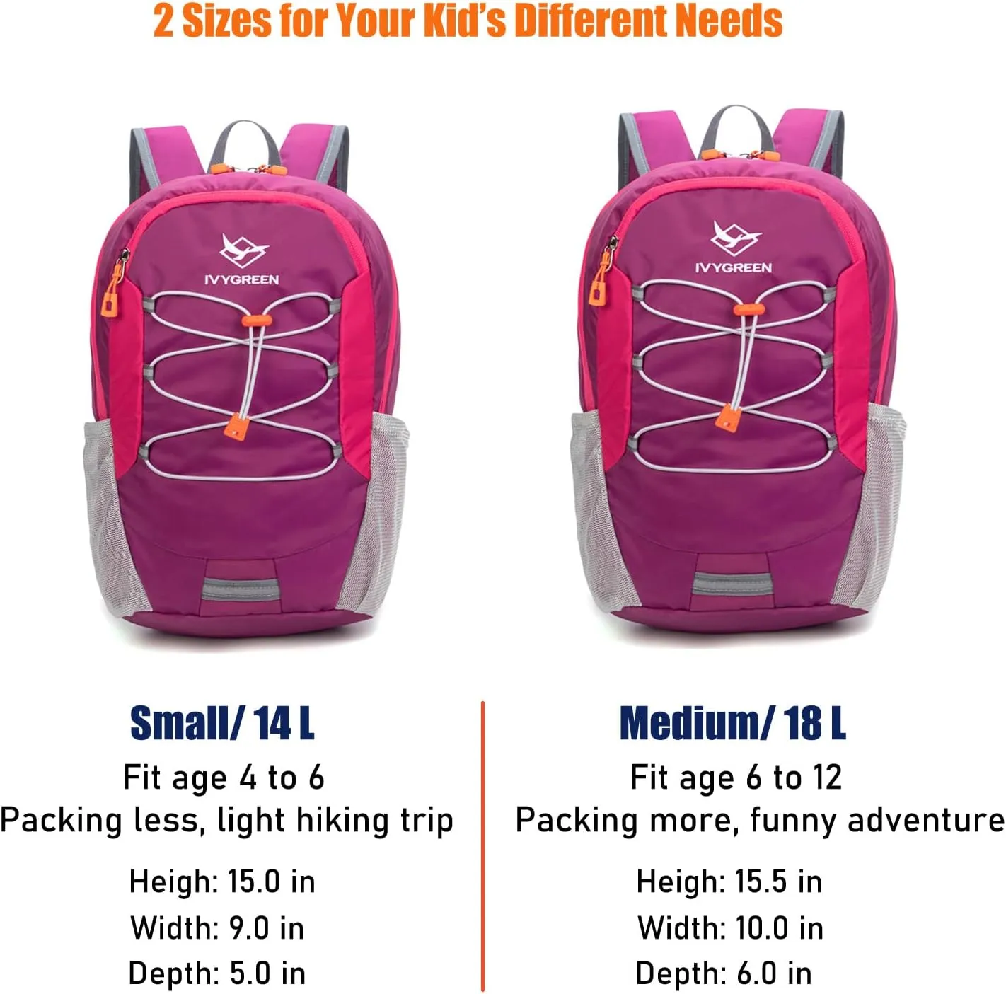 Little Kids Hiking Backpack for Boys or Girls, Small Daypack for Camping or Travel (Purple, Medium)