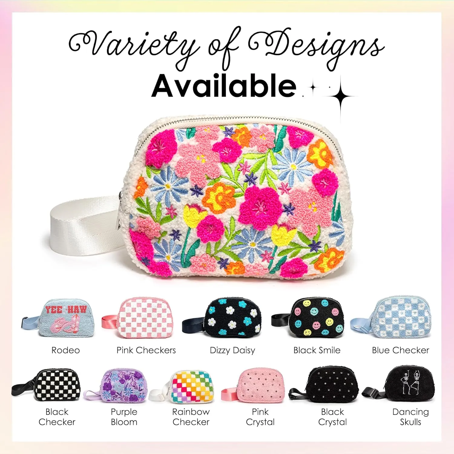 LIVING ROYAL Belt Bag - Fanny Pack, Crossbody Sling - 100% Polyester Microfiber with Adjustable Strap - 2 Interior Mesh Pockets, Key Loop, Back Zip Pocket (Dizzy Daisy)