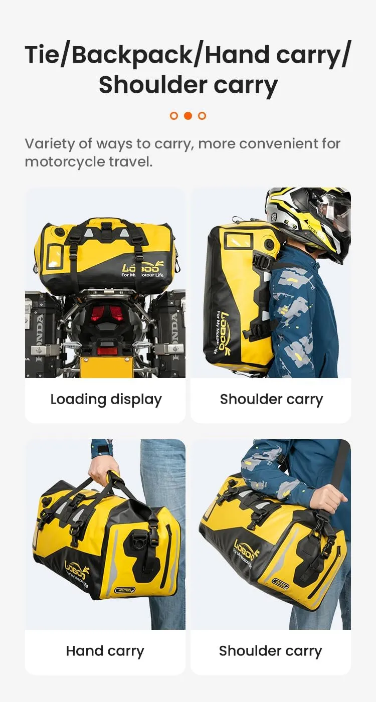 Loboo Motorcycle Travel Luggage Bag, 90L, Yellow, Waterproof, Multi-Carry, High-Capacity, Dry-Wet Separation, Reflective Safety Strip