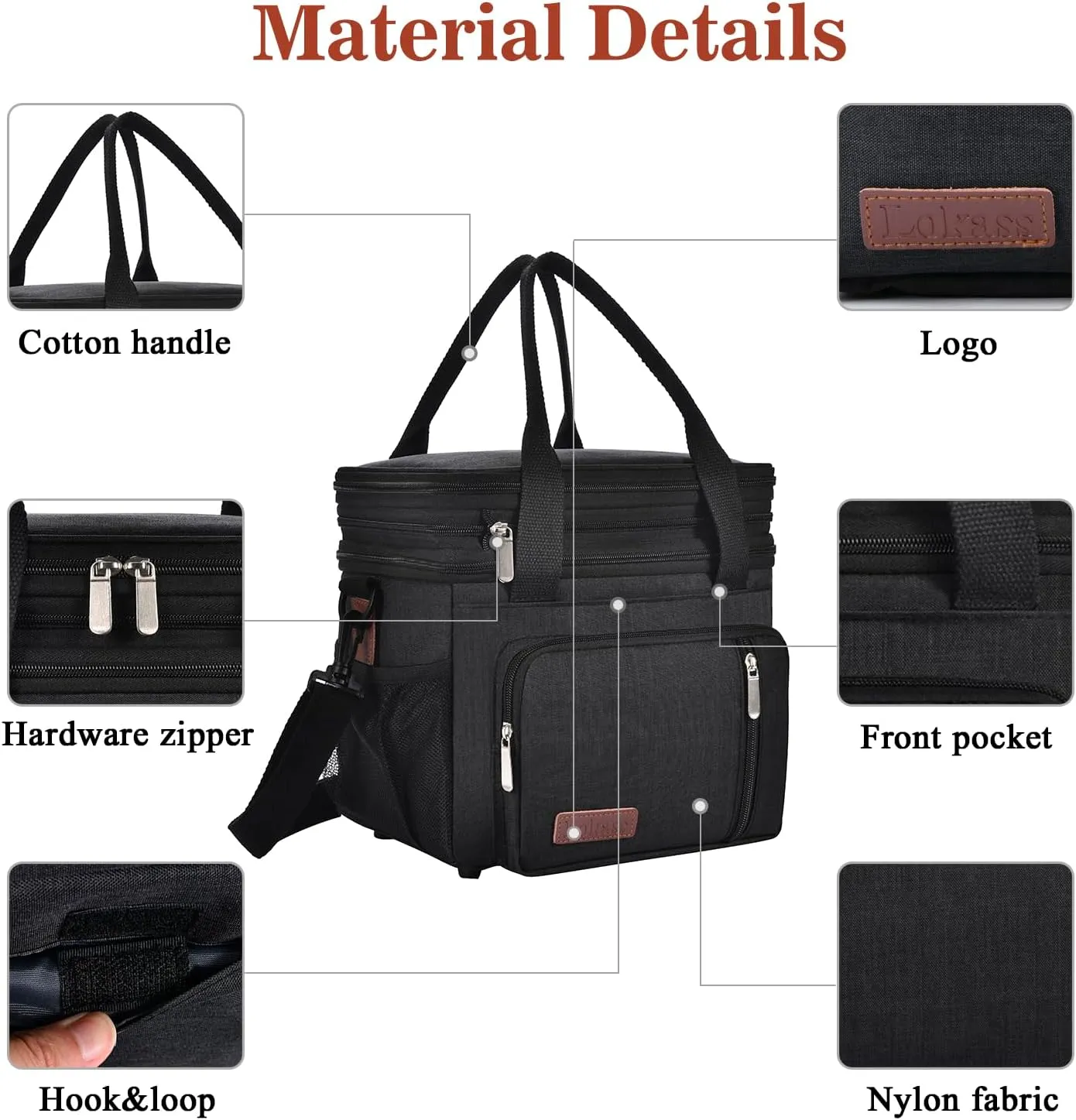 LOKASS Lunch Bag for Women/Men Work, 16L Expandable Double Deck Lunch box, Waterproof Leak-proof Cooler Bag, Portable Meal Prep Lunchbag with Adjustable Shoulder Strap-Black