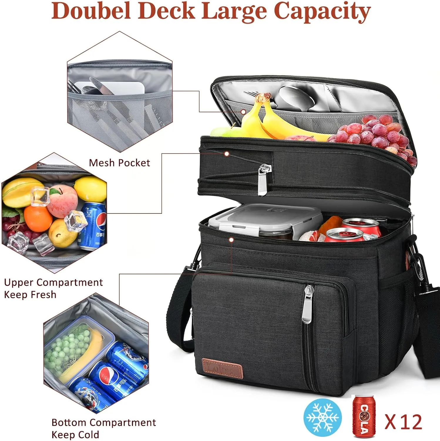 LOKASS Lunch Bag for Women/Men Work, 16L Expandable Double Deck Lunch box, Waterproof Leak-proof Cooler Bag, Portable Meal Prep Lunchbag with Adjustable Shoulder Strap-Black