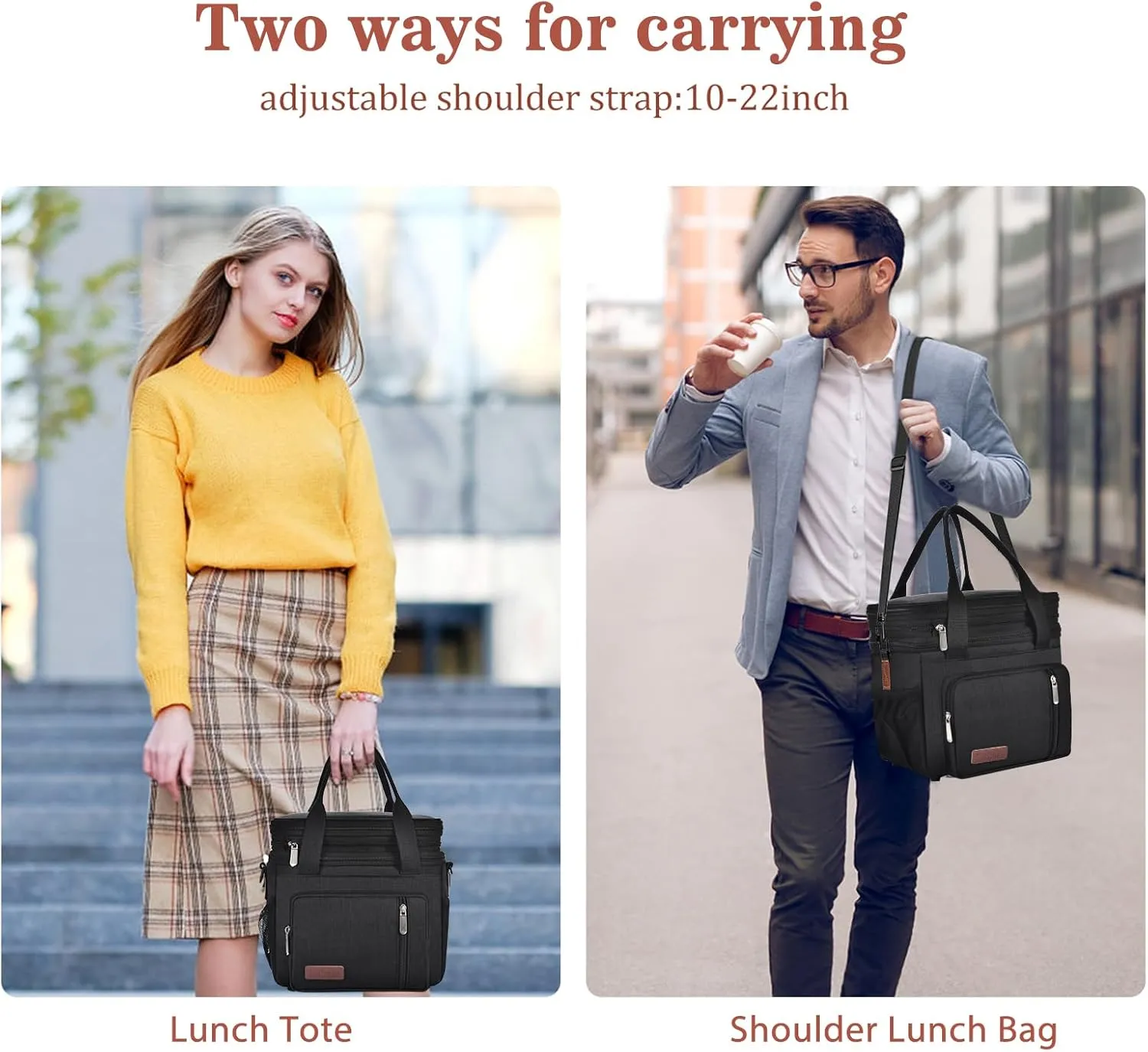 LOKASS Lunch Bag for Women/Men Work, 16L Expandable Double Deck Lunch box, Waterproof Leak-proof Cooler Bag, Portable Meal Prep Lunchbag with Adjustable Shoulder Strap-Black