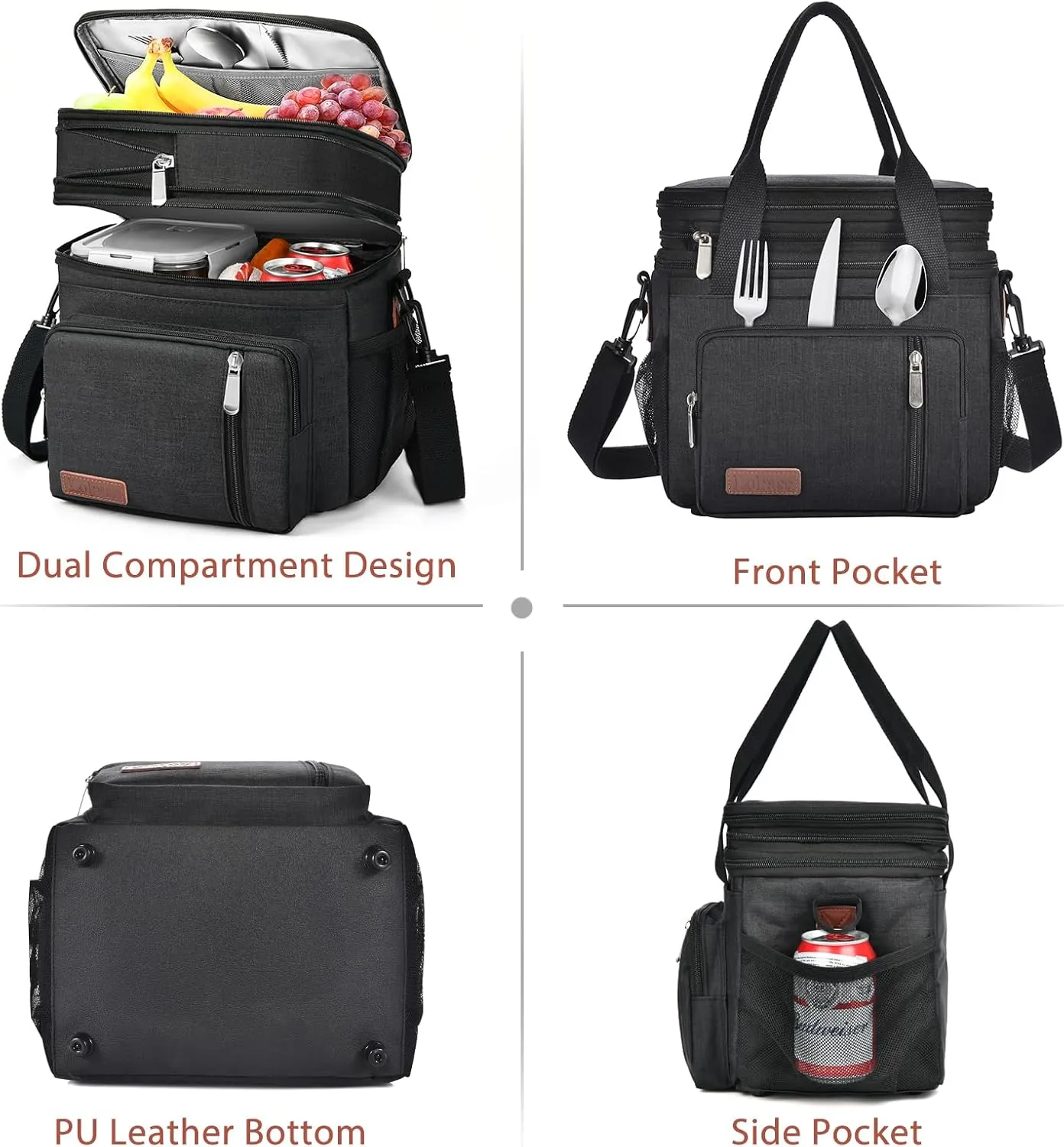 LOKASS Lunch Bag for Women/Men Work, 16L Expandable Double Deck Lunch box, Waterproof Leak-proof Cooler Bag, Portable Meal Prep Lunchbag with Adjustable Shoulder Strap-Black