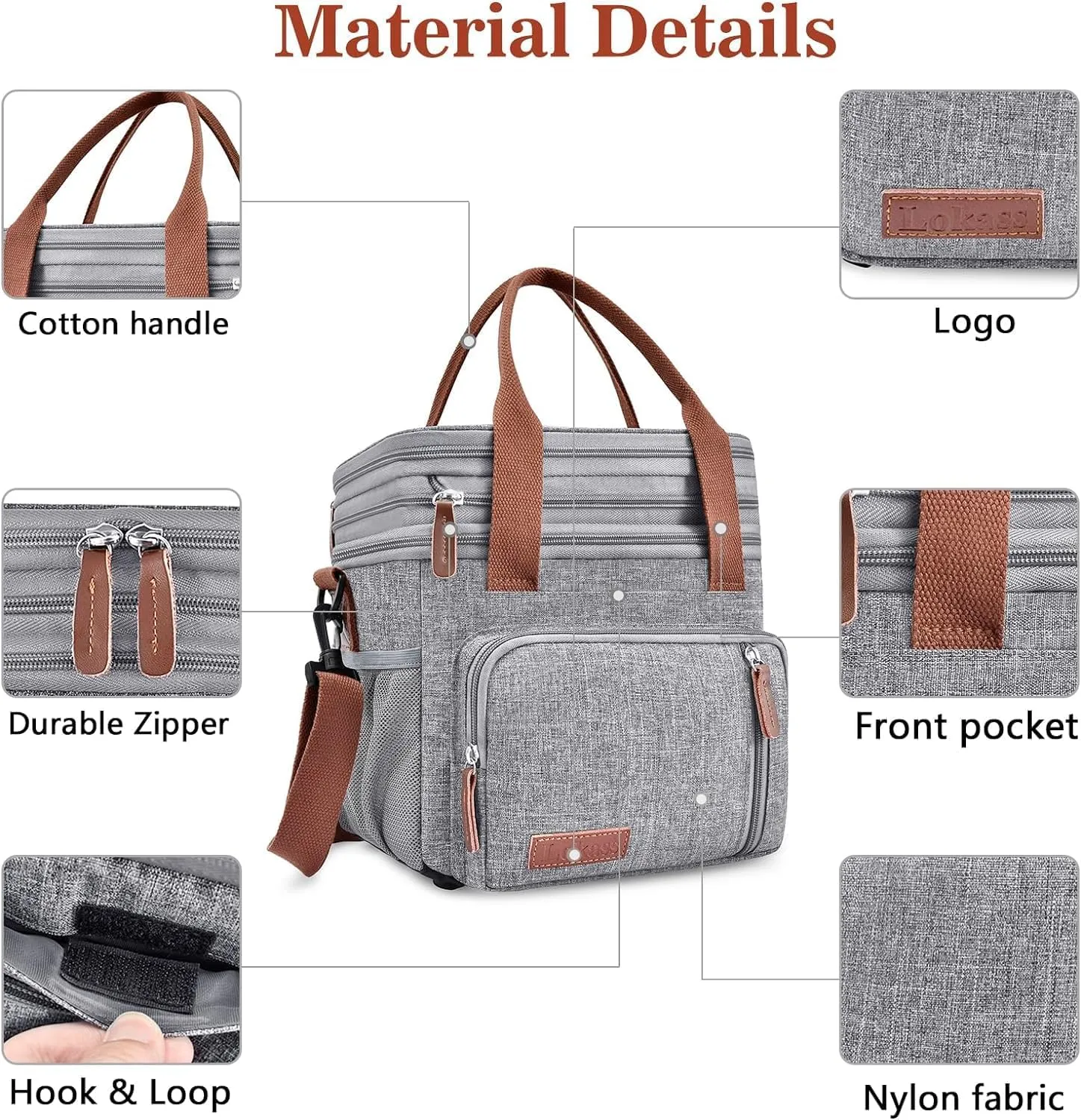 LOKASS Lunch Bag for Women/Men Work, 16L Expandable Double Deck Lunch box, Waterproof Leak-proof Cooler Bag, Portable Meal Prep Lunchbag with Adjustable Shoulder Strap-Grey