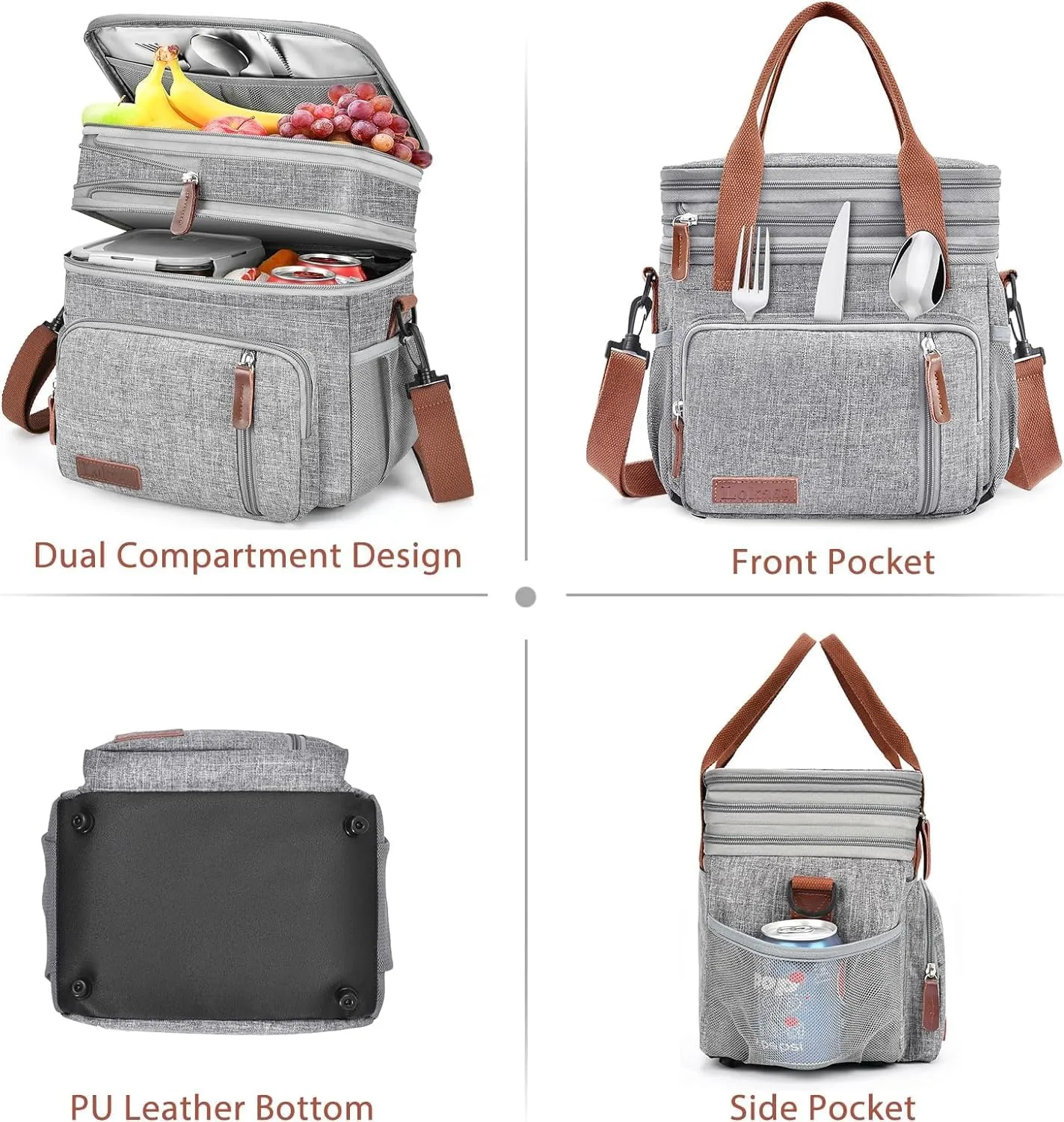 LOKASS Lunch Bag for Women/Men Work, 16L Expandable Double Deck Lunch box, Waterproof Leak-proof Cooler Bag, Portable Meal Prep Lunchbag with Adjustable Shoulder Strap-Grey
