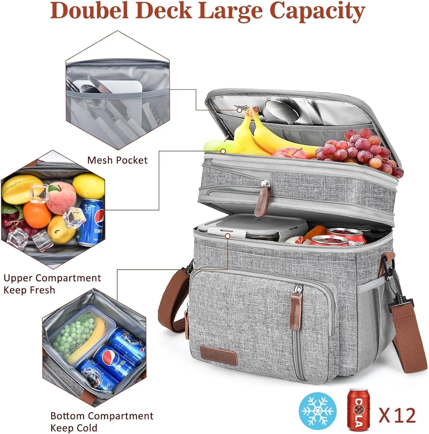 LOKASS Lunch Bag for Women/Men Work, 16L Expandable Double Deck Lunch box, Waterproof Leak-proof Cooler Bag, Portable Meal Prep Lunchbag with Adjustable Shoulder Strap-Grey