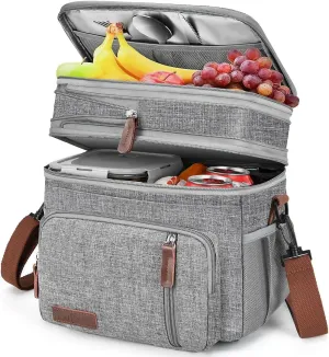 LOKASS Lunch Bag for Women/Men Work, 16L Expandable Double Deck Lunch box, Waterproof Leak-proof Cooler Bag, Portable Meal Prep Lunchbag with Adjustable Shoulder Strap-Grey