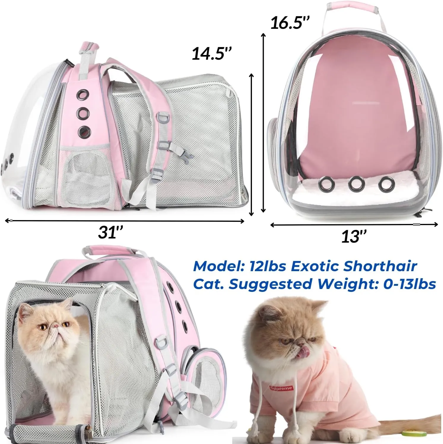 Lollimeow Cat Carrier Backpack, Bubble Dual Expandable Backpack Carrier, Pets and Small Dogs,Airline-Approved, Designed for Travel, Hiking, Walking & Outdoor Use (Dual Expandable-Pink)