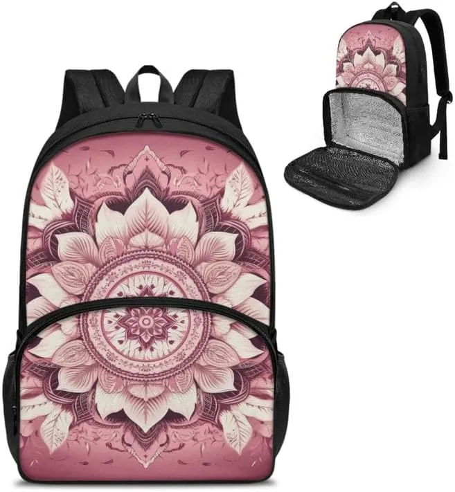 Lotus Fractal Art Mandala Pink Insulated Cooler Backpacks with Boho Waterlily Hand Drawing Lunch Box for School Sport Travel fir Girls Boys Teens
