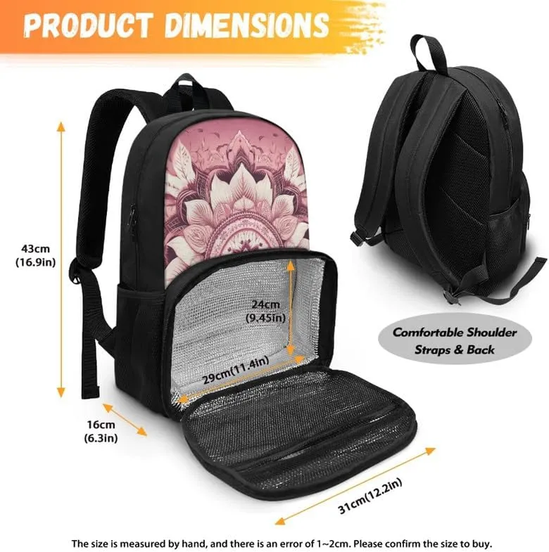 Lotus Fractal Art Mandala Pink Insulated Cooler Backpacks with Boho Waterlily Hand Drawing Lunch Box for School Sport Travel fir Girls Boys Teens