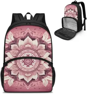 Lotus Fractal Art Mandala Pink Insulated Cooler Backpacks with Boho Waterlily Hand Drawing Lunch Box for School Sport Travel fir Girls Boys Teens