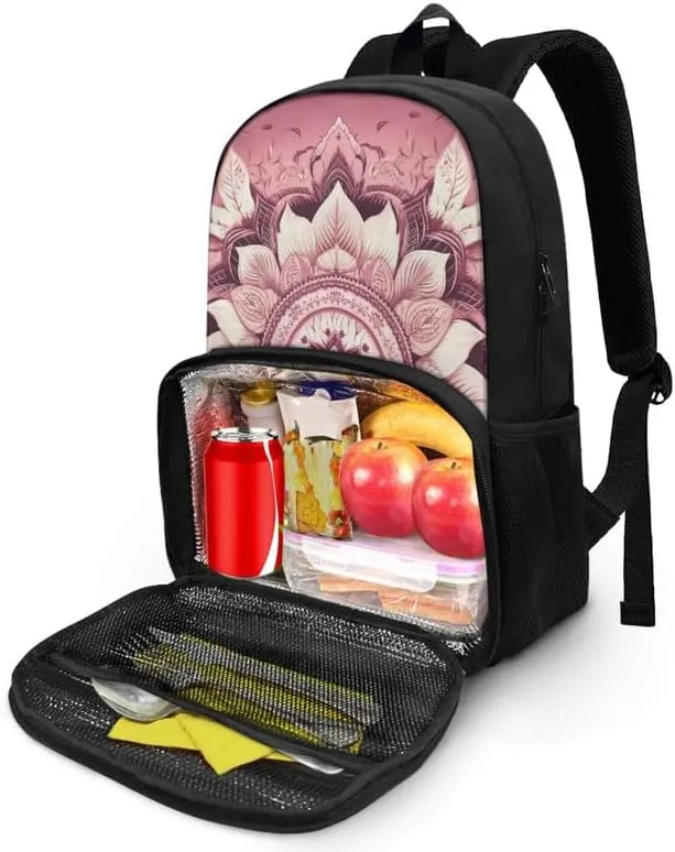Lotus Fractal Art Mandala Pink Insulated Cooler Backpacks with Boho Waterlily Hand Drawing Lunch Box for School Sport Travel fir Girls Boys Teens
