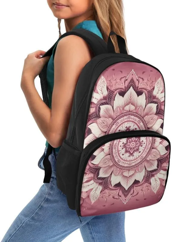 Lotus Fractal Art Mandala Pink Insulated Cooler Backpacks with Boho Waterlily Hand Drawing Lunch Box for School Sport Travel fir Girls Boys Teens