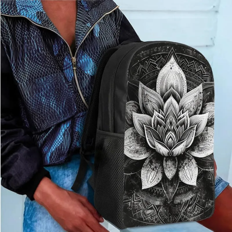 Lotus Sketch Hand Drawing 3 Pcs Backpack Set for Back to Boho Waterlily Art Painting School Bookbag Teen Boys Shoulder School Bags Insulated Lunchbox with Pencil Case