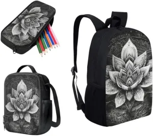 Lotus Sketch Hand Drawing 3 Pcs Backpack Set for Back to Boho Waterlily Art Painting School Bookbag Teen Boys Shoulder School Bags Insulated Lunchbox with Pencil Case