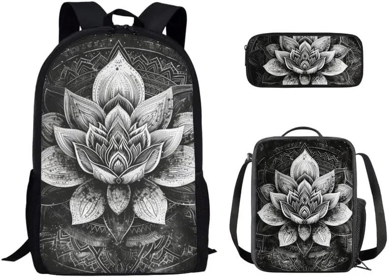 Lotus Sketch Hand Drawing 3 Pcs Backpack Set for Back to Boho Waterlily Art Painting School Bookbag Teen Boys Shoulder School Bags Insulated Lunchbox with Pencil Case