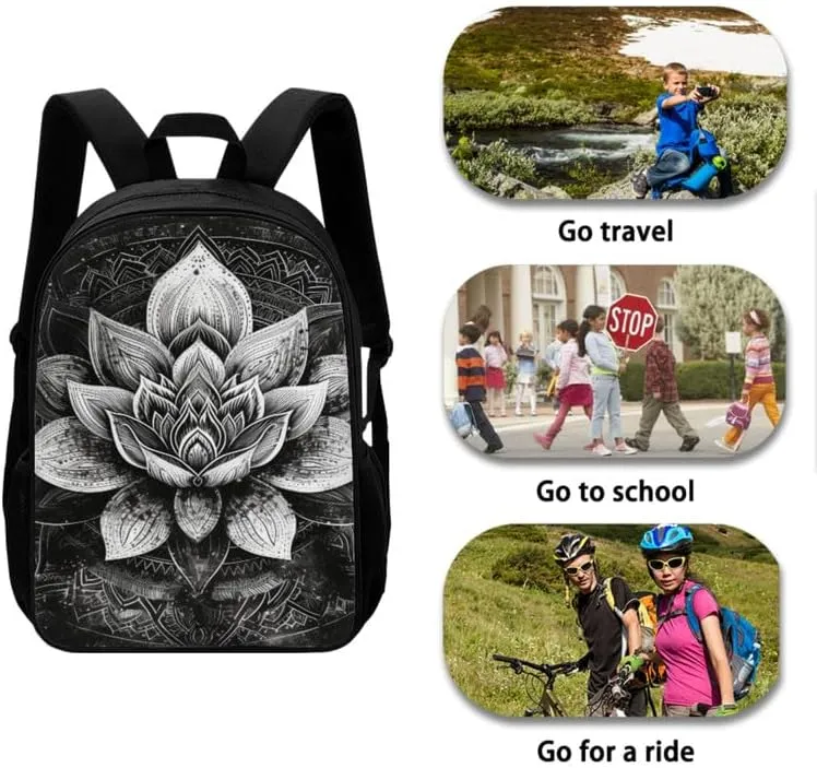 Lotus Sketch Hand Drawing 3 Pcs Backpack Set for Back to Boho Waterlily Art Painting School Bookbag Teen Boys Shoulder School Bags Insulated Lunchbox with Pencil Case