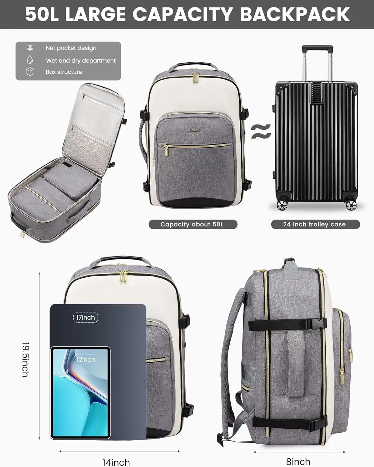 LOVEVOOK 50L Large Travel Backpack for Women & Men, Carry on Backpack Airline Approved, Waterproof Travel Essentials fits 18" Laptop, TSA Personal Item Travel Bag Sports Backpack with 3 Packing Cubes