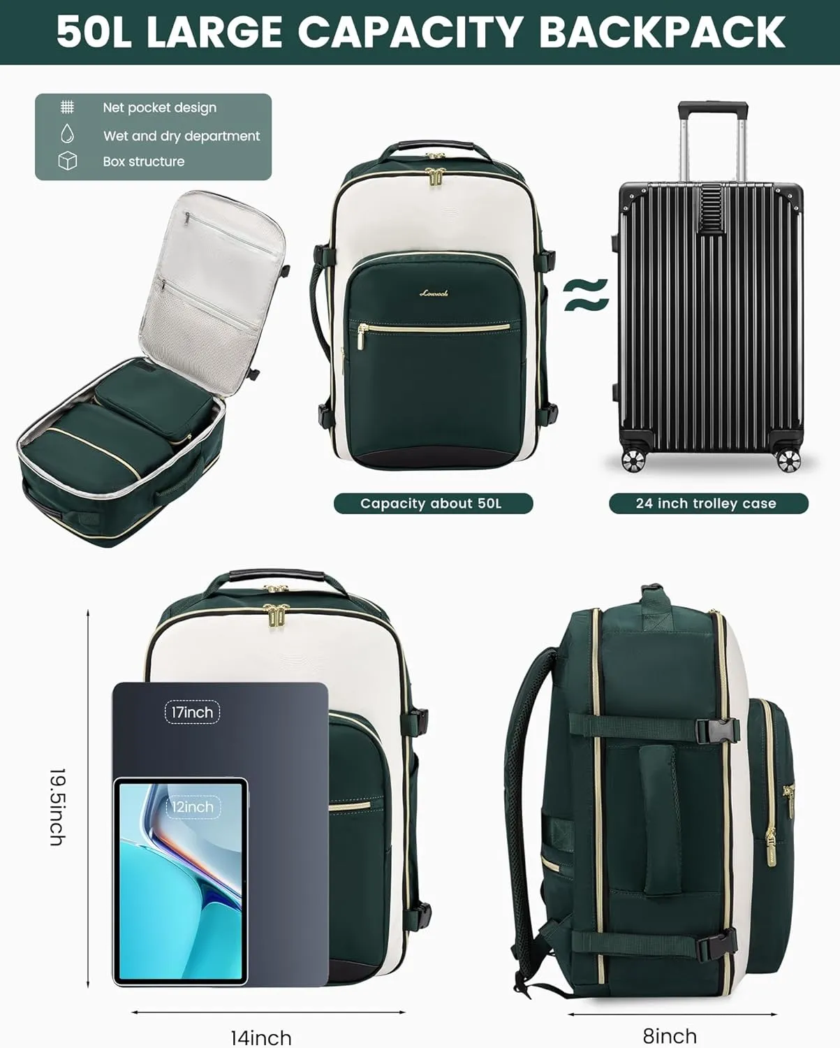 LOVEVOOK 50L Large Travel Backpack for Women & Men, Carry on Backpack Airline Approved, Waterproof Travel Essentials fits 18" Laptop, TSA Personal Item Travel Bag Sports Backpack with 3 Packing Cubes
