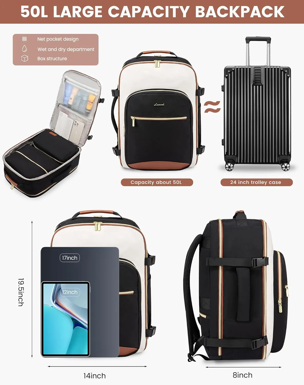 LOVEVOOK 50L Large Travel Backpack for Women & Men, Carry on Backpack Airline Approved, Waterproof Travel Essentials fits 18" Laptop, TSA Personal Item Travels Bag Sports Backpack with 3 Packing Cubes