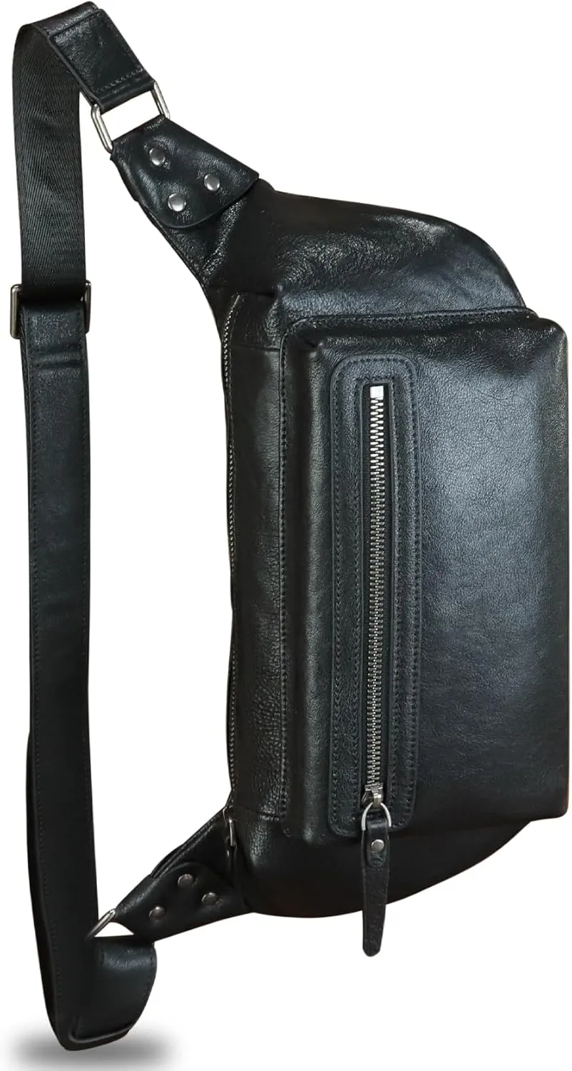 LRTO Genuine Leather Fanny Pack for Men and Women Waist Bag Hip Bag Real Leather Fanny Bag Sling Bag Crossbody Bags Chest Purses (Black), LRTO-15023