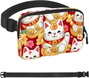 Lucky Cat Pattern Fanny Packs for Women Men, Crossbody Belt Bag with Zipper Pockets,Waterproof Waist Packs with Adjustable Strap for Workout Running Traveling Hiking