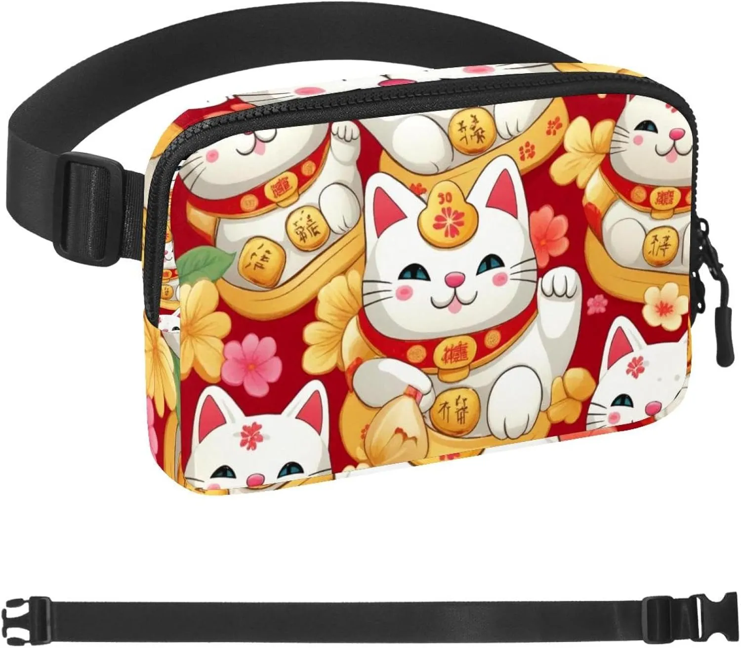 Lucky Cat Pattern Fanny Packs for Women Men, Crossbody Belt Bag with Zipper Pockets,Waterproof Waist Packs with Adjustable Strap for Workout Running Traveling Hiking