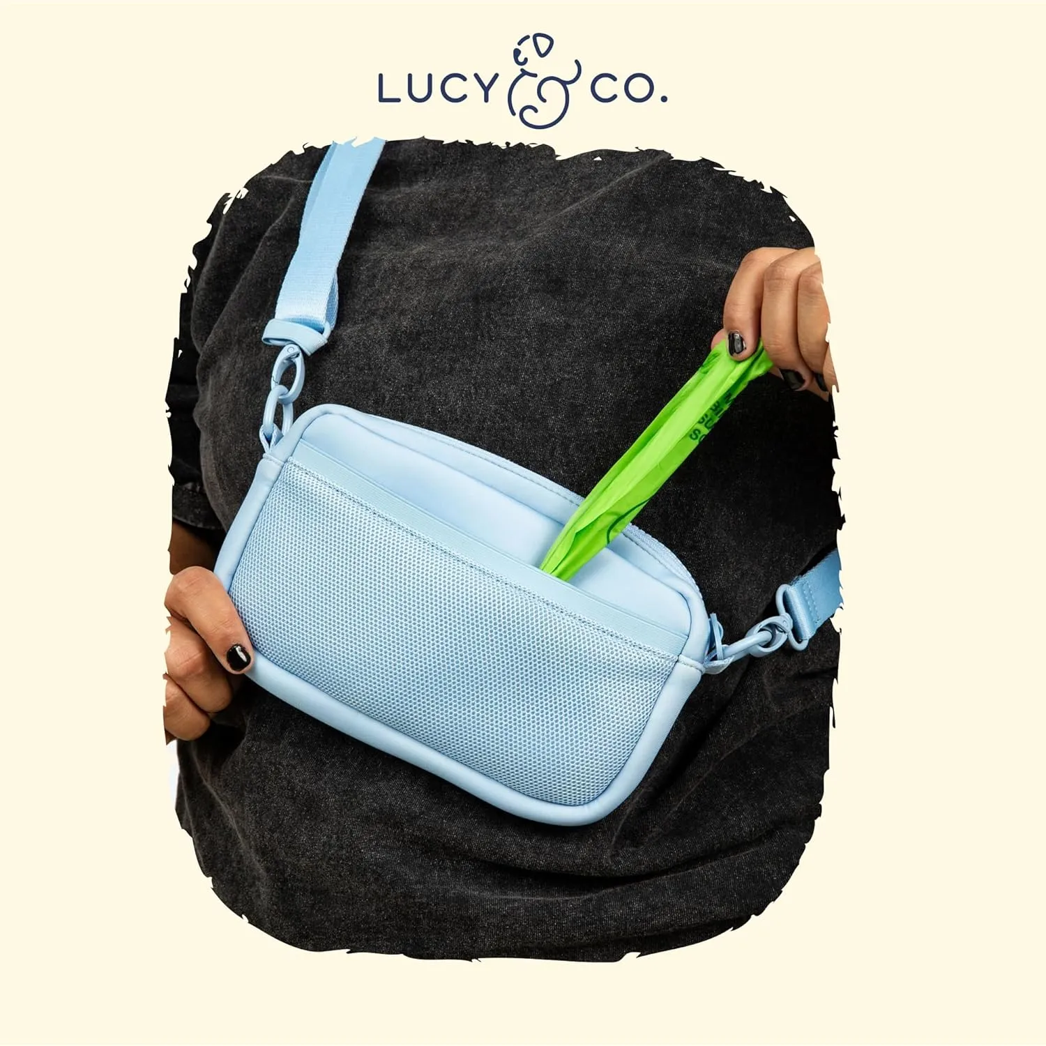 Lucy & Co. Crossbody Treat Bag, Pet Treat Pouch, Fanny Pack, Shoulder Bag, Wear 3 Ways, Hidden Poop Bag Dispenser, Zip Dog Snack Pocket, Phone Pocket, Dog Accessories (Denim Blue)