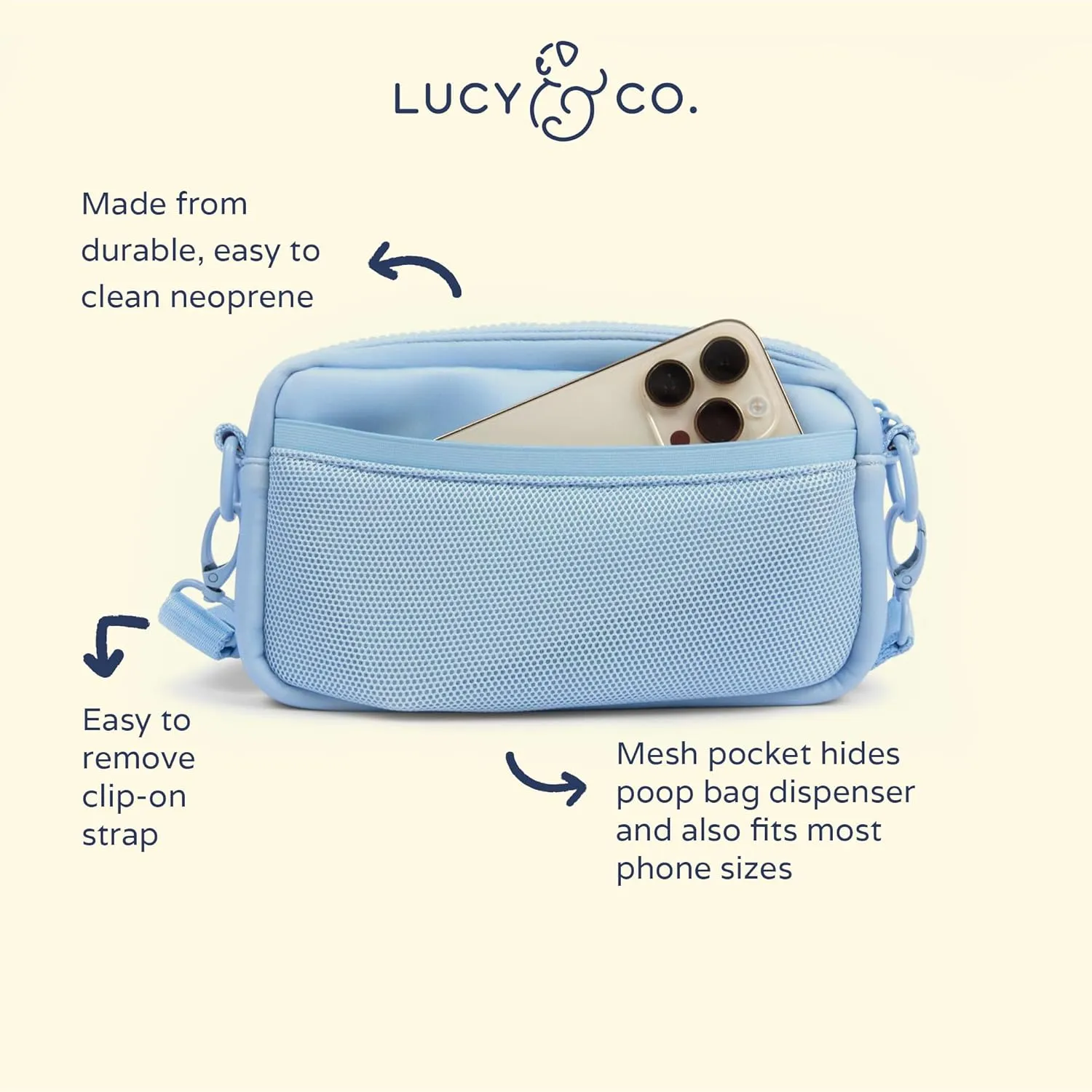 Lucy & Co. Crossbody Treat Bag, Pet Treat Pouch, Fanny Pack, Shoulder Bag, Wear 3 Ways, Hidden Poop Bag Dispenser, Zip Dog Snack Pocket, Phone Pocket, Dog Accessories (Denim Blue)