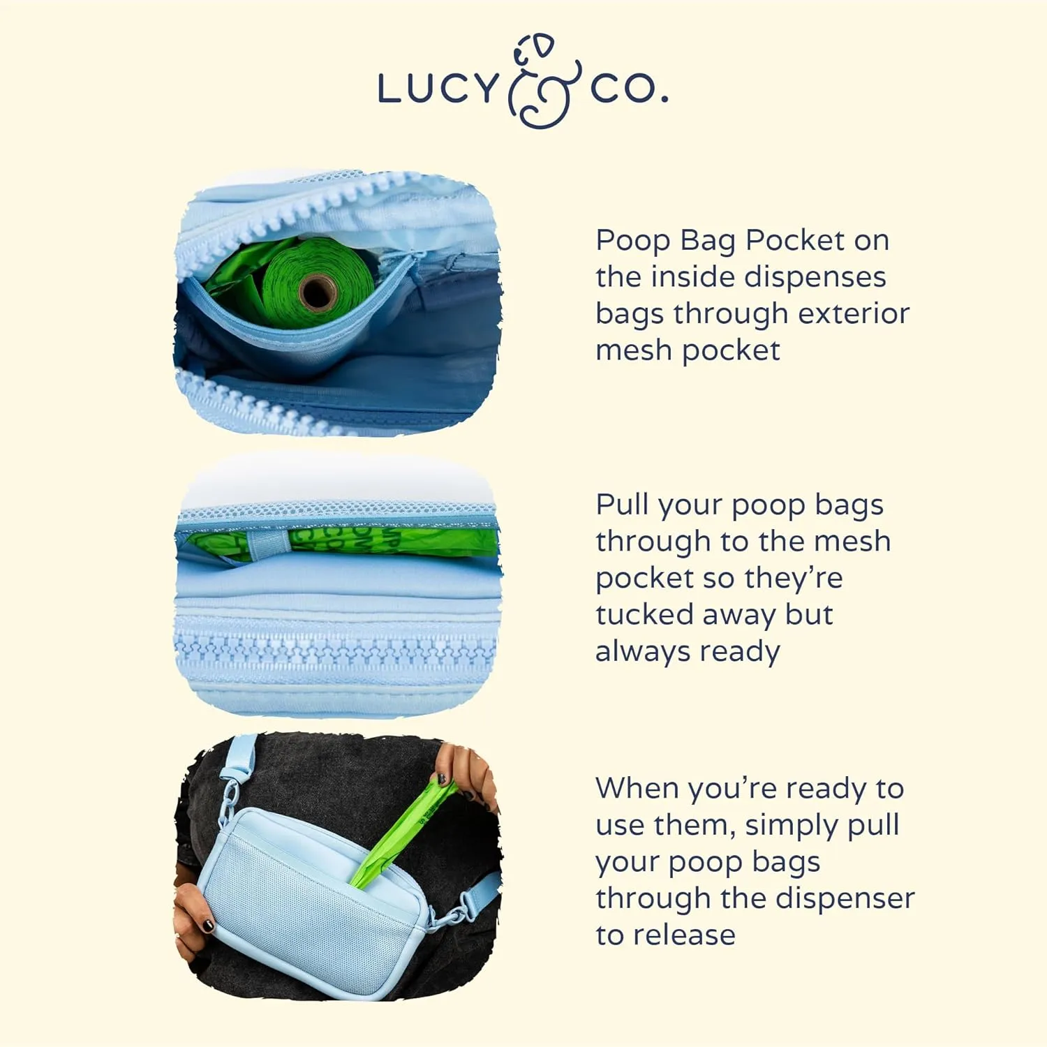 Lucy & Co. Crossbody Treat Bag, Pet Treat Pouch, Fanny Pack, Shoulder Bag, Wear 3 Ways, Hidden Poop Bag Dispenser, Zip Dog Snack Pocket, Phone Pocket, Dog Accessories (Denim Blue)