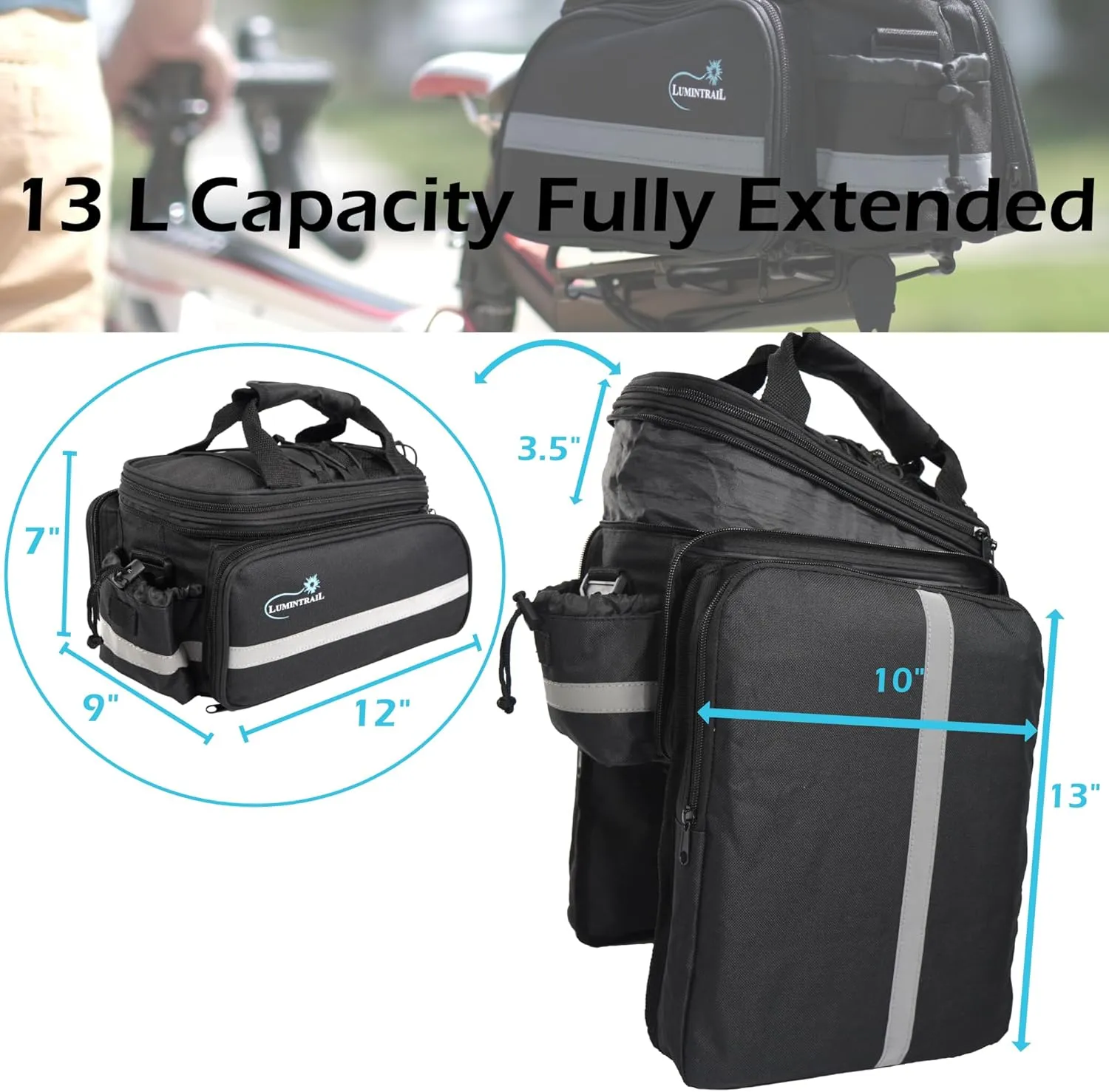 Lumintrail Bike Rack Bag, Expandable Rear Trunk Bicycle Carrier Commuter Pannier Handbag with a Waterproof Rain Cover 13L