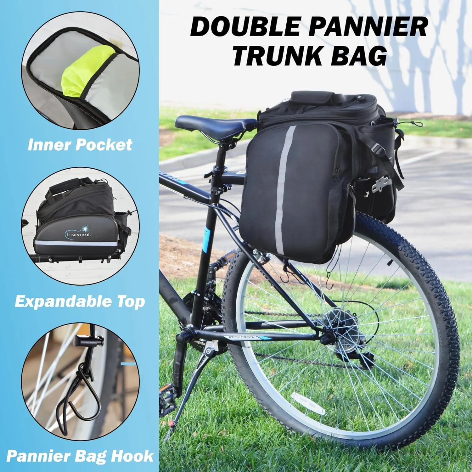 Lumintrail Bike Rear Rack Trunk Bag 34L - Expandable Pannier Bags for Bicycles - Waterproof Rain Cover Included