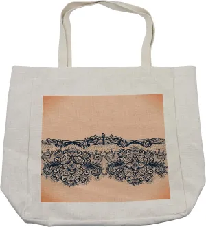 Lunarable Abstract Shopping Bag, Lace Detailed Image with Orange Like Ombre Background with Floral Design, Eco-Friendly Reusable Bag for Groceries Beach and More, 15.5" X 14.5", Cream