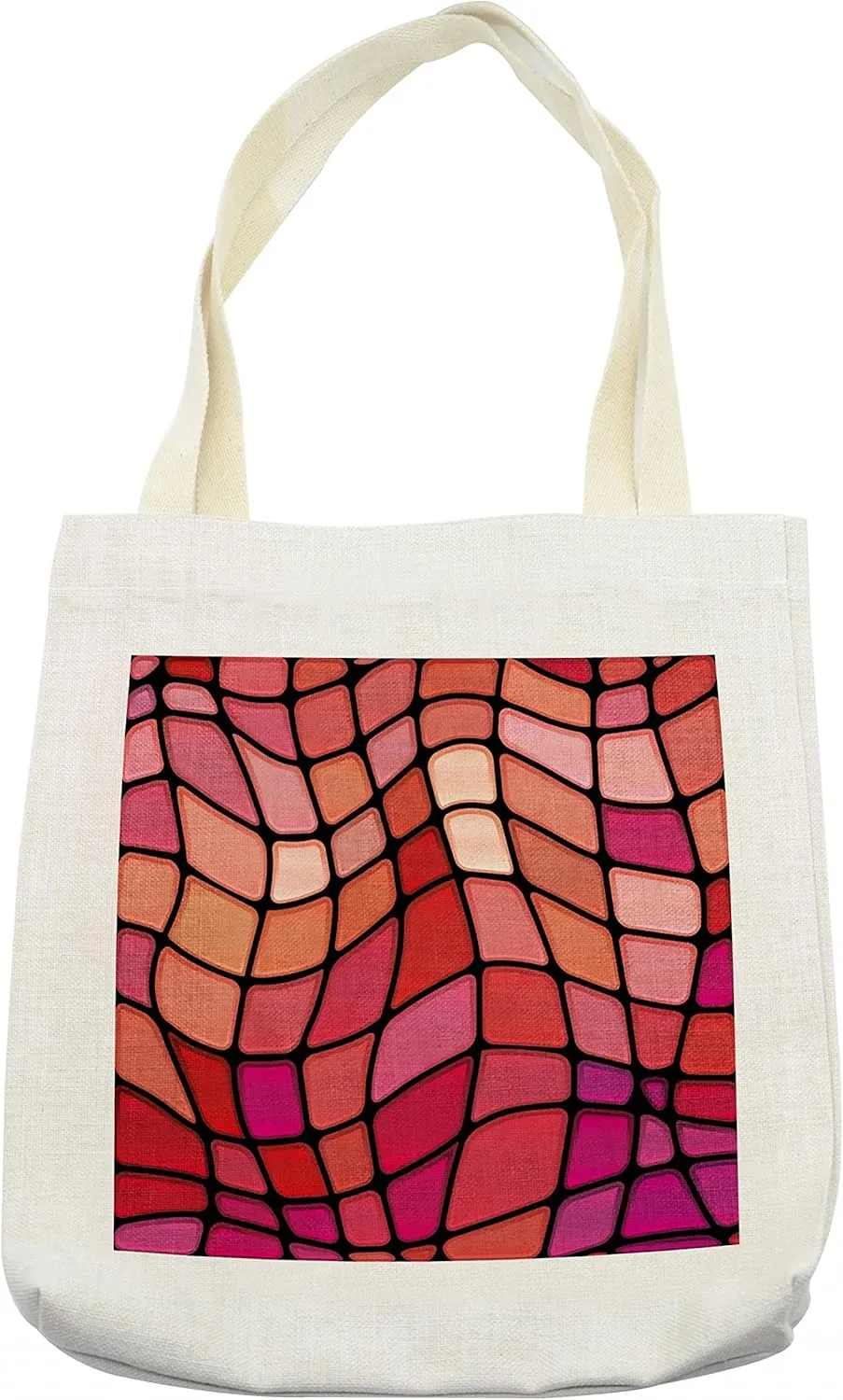Lunarable Abstract Tote Bag, Fractal Wavy Mosaic Backdrop Vitray Style Fragment Square Geometric Print, Cloth Linen Reusable Bag for Shopping Books Beach and More, 16.5" X 14", Cream