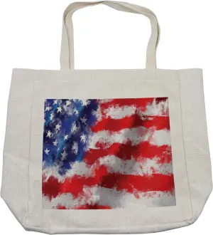 Lunarable American Flag Shopping Bag, Oil Painting Murky Brush Stroke Watercolor Banner Citizen Anthem Picture Print, Eco-Friendly Reusable Bag for Groceries Beach and More, 15.5" X 14.5", Cream