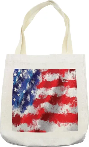 Lunarable American Flag Tote Bag, Oil Painting Murky Brush Stroke Watercolor Banner Citizen Anthem Picture Print, Cloth Linen Reusable Bag for Shopping Books Beach and More, 16.5" X 14", Cream