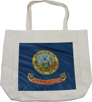 Lunarable American Shopping Bag, Idaho Flag Letters Miner and Woman Representing Equality Liberty and Justice, Eco-Friendly Reusable Bag for Groceries Beach and More, 15.5" X 14.5", Cream
