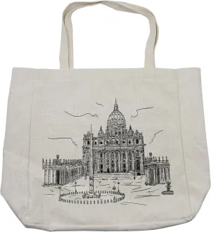 Lunarable Art Shopping Bag, Monochrome Historical Architecture Themed Art Sketch Print of Forum in Rome Italy, Eco-Friendly Reusable Bag for Groceries Beach and More, 15.5" X 14.5", Cream