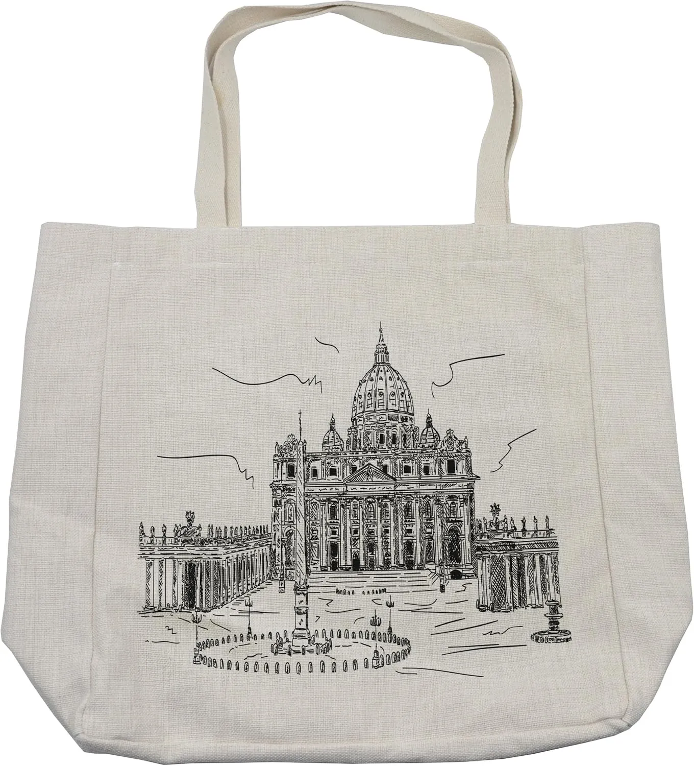 Lunarable Art Shopping Bag, Monochrome Historical Architecture Themed Art Sketch Print of Forum in Rome Italy, Eco-Friendly Reusable Bag for Groceries Beach and More, 15.5" X 14.5", Cream