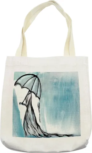 Lunarable Art Tote Bag, Dramatic Lady Woman in Long Dress with an Umbrella in Rainy Weather Day Picture Print, Cloth Linen Reusable Bag for Shopping Books Beach and More, 16.5" X 14", Cream