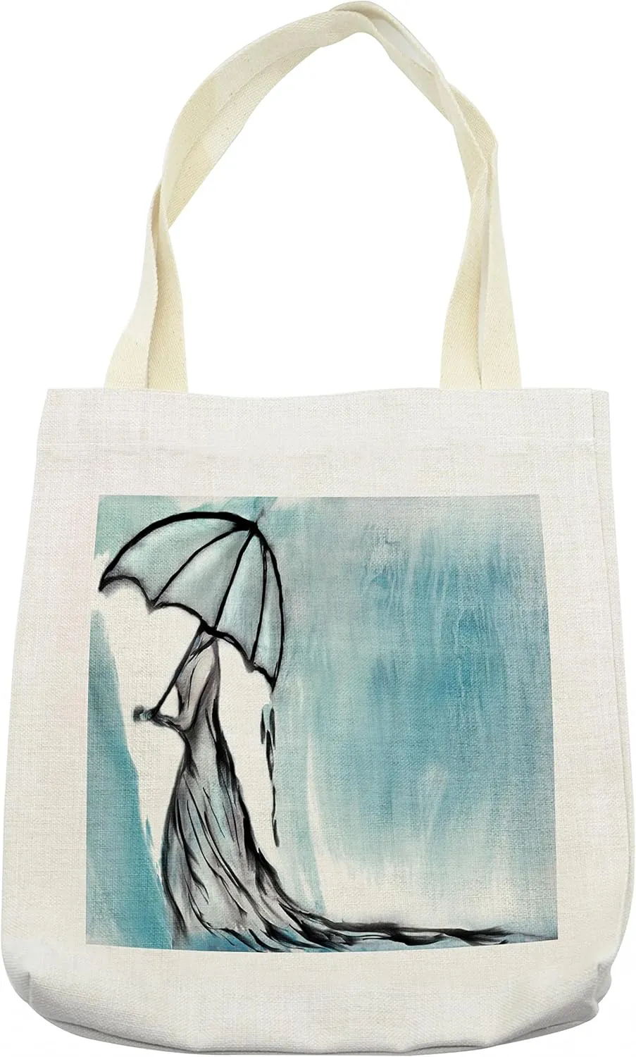 Lunarable Art Tote Bag, Dramatic Lady Woman in Long Dress with an Umbrella in Rainy Weather Day Picture Print, Cloth Linen Reusable Bag for Shopping Books Beach and More, 16.5" X 14", Cream