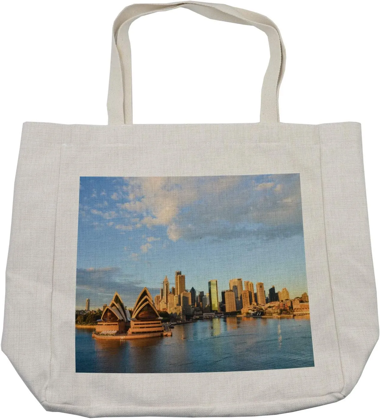 Lunarable Australia Shopping Bag, Photo of Famous Sydney Opera House and City Buildings Next to Ocean, Eco-Friendly Reusable Bag for Groceries Beach and More, 15.5" X 14.5", Cream