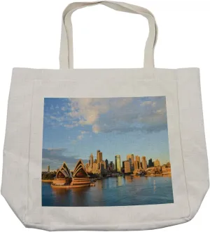 Lunarable Australia Shopping Bag, Photo of Famous Sydney Opera House and City Buildings Next to Ocean, Eco-Friendly Reusable Bag for Groceries Beach and More, 15.5" X 14.5", Cream