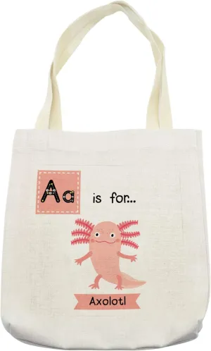 Lunarable Axolotl Tote Bag, Learning Alphabet Composition Vocabulary Alphabet Education Themed Print, Cloth Linen Reusable Bag for Shopping Books Beach and More, 16.5" X 14", Cream