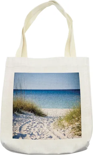 Lunarable Beach Tote Bag, Path to Beach Clear Sky Bushes Grasses Windy Sunny Day Peaceful Gulf of Mexico, Cloth Linen Reusable Bag for Shopping Books Beach and More, 16.5" X 14", Cream