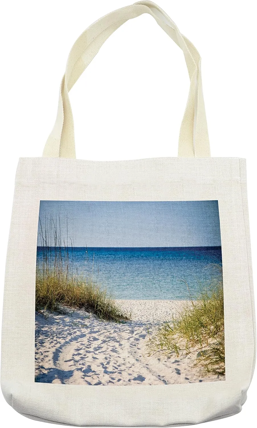 Lunarable Beach Tote Bag, Path to Beach Clear Sky Bushes Grasses Windy Sunny Day Peaceful Gulf of Mexico, Cloth Linen Reusable Bag for Shopping Books Beach and More, 16.5" X 14", Cream