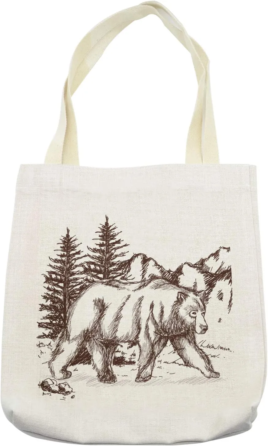 Lunarable Bear Tote Bag, Pencil Sketch Interpretation in a Mountainous Setting with Pine Trees, Cloth Linen Reusable Bag for Shopping Books Beach and More, 16.5" X 14", Cream