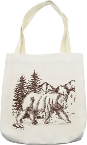 Lunarable Bear Tote Bag, Pencil Sketch Interpretation in a Mountainous Setting with Pine Trees, Cloth Linen Reusable Bag for Shopping Books Beach and More, 16.5" X 14", Cream