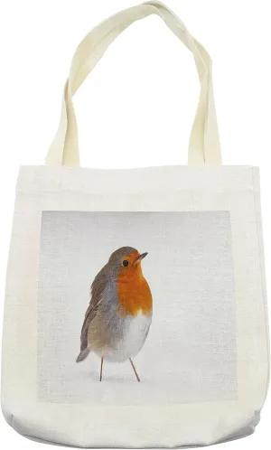 Lunarable Bird Tote Bag, European Robin Standing in Snow Songbird Beak and Feathers Winter Season, Cloth Linen Reusable Bag for Shopping Books Beach and More, 16.5" X 14", Cream
