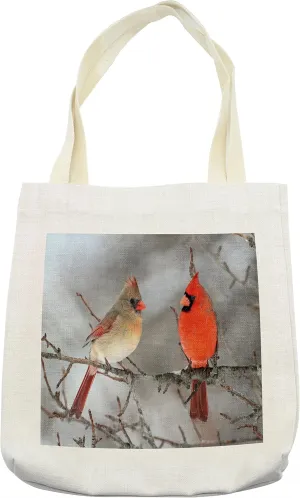 Lunarable Bird Tote Bag, Pair of Northern Cardinal Birds on a Tree Ornithology Avian Wildlife Fauna, Cloth Linen Reusable Bag for Shopping Books Beach and More, 16.5" X 14", Vermilion Beige